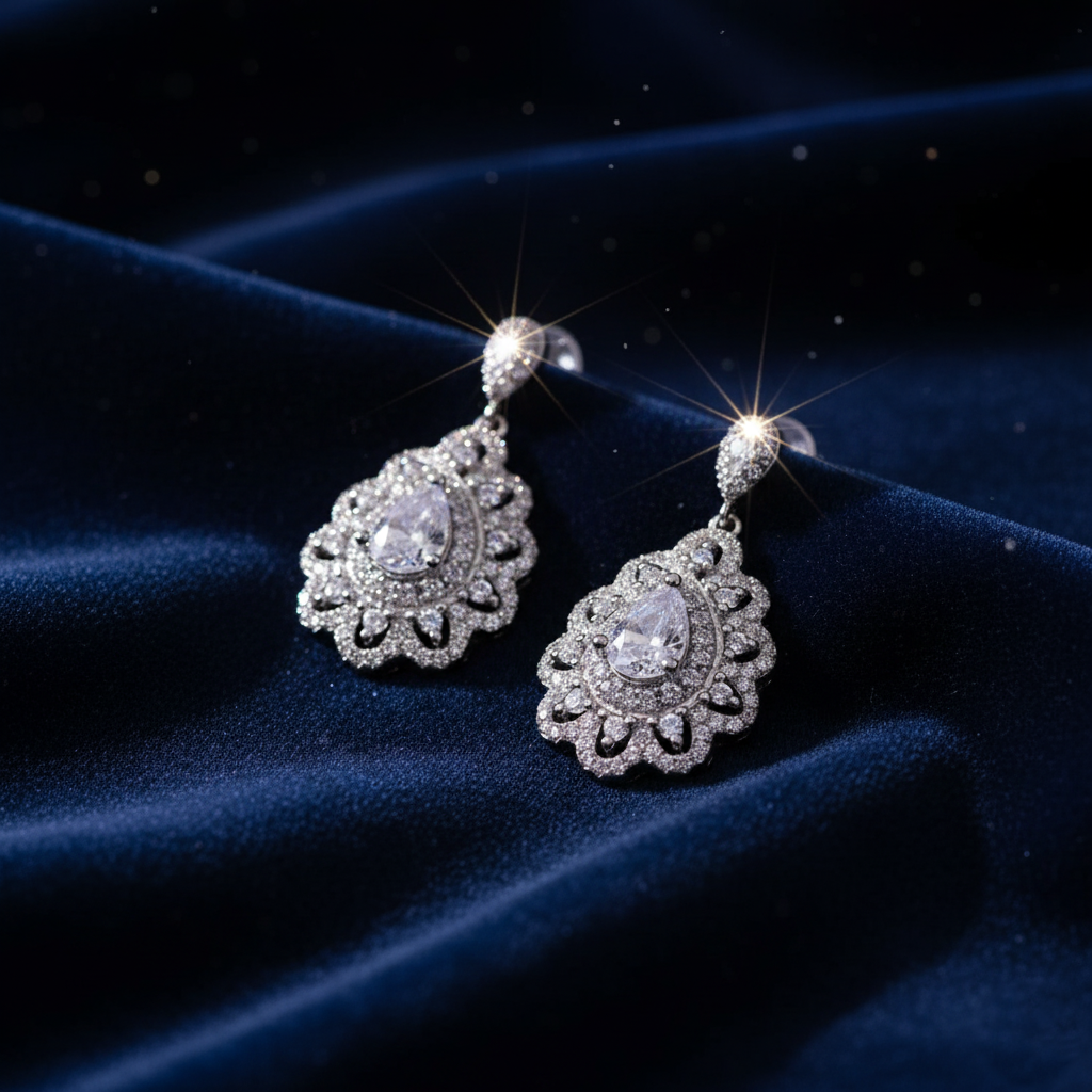 ROYAL HERITAGE PEAR HALO STERLING VINTAGE EARRINGS 2 ROYAL HERITAGE PEAR HALO STERLING VINTAGE EARRINGS - Image 2